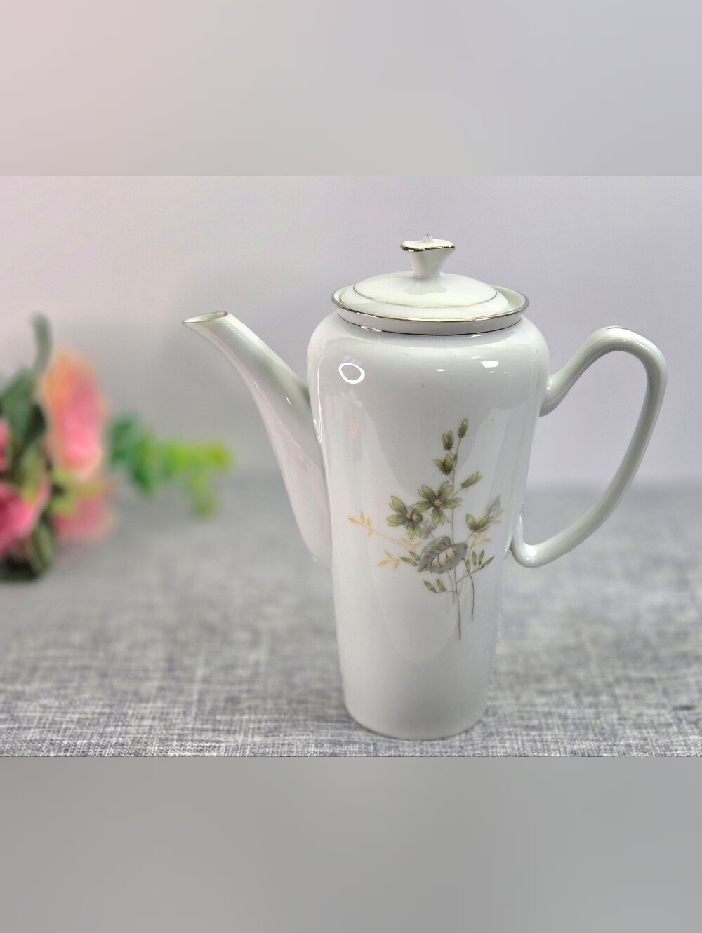 Vintage Davenport China Coffee Pot #E1030 Muted Green Floral & Silver Trim
